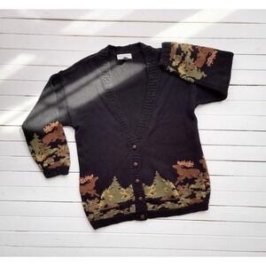 vtg Cambridge Dry Good black deer‎ moose black cotton cardigan sweater S